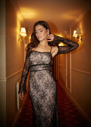 AUREA - vestito lungo nero in pizzo con coprispalle