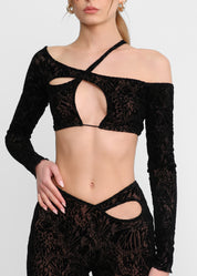 BLAKE - co-ord set in nero con crop top e pantaloni flare con trama in rilievo