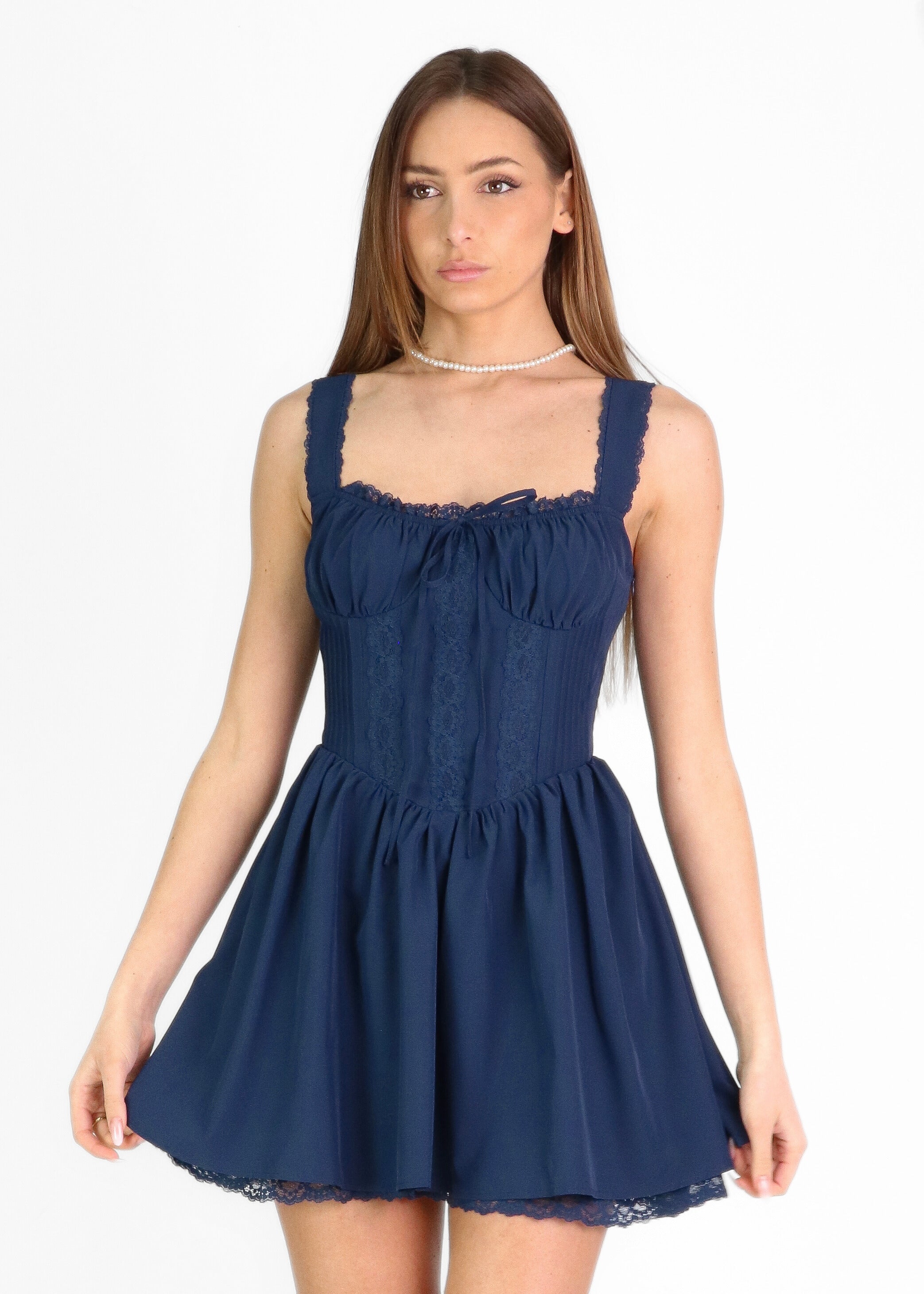 KORE - vestito mini blu con gonna ampia e scollo stile corpetto
