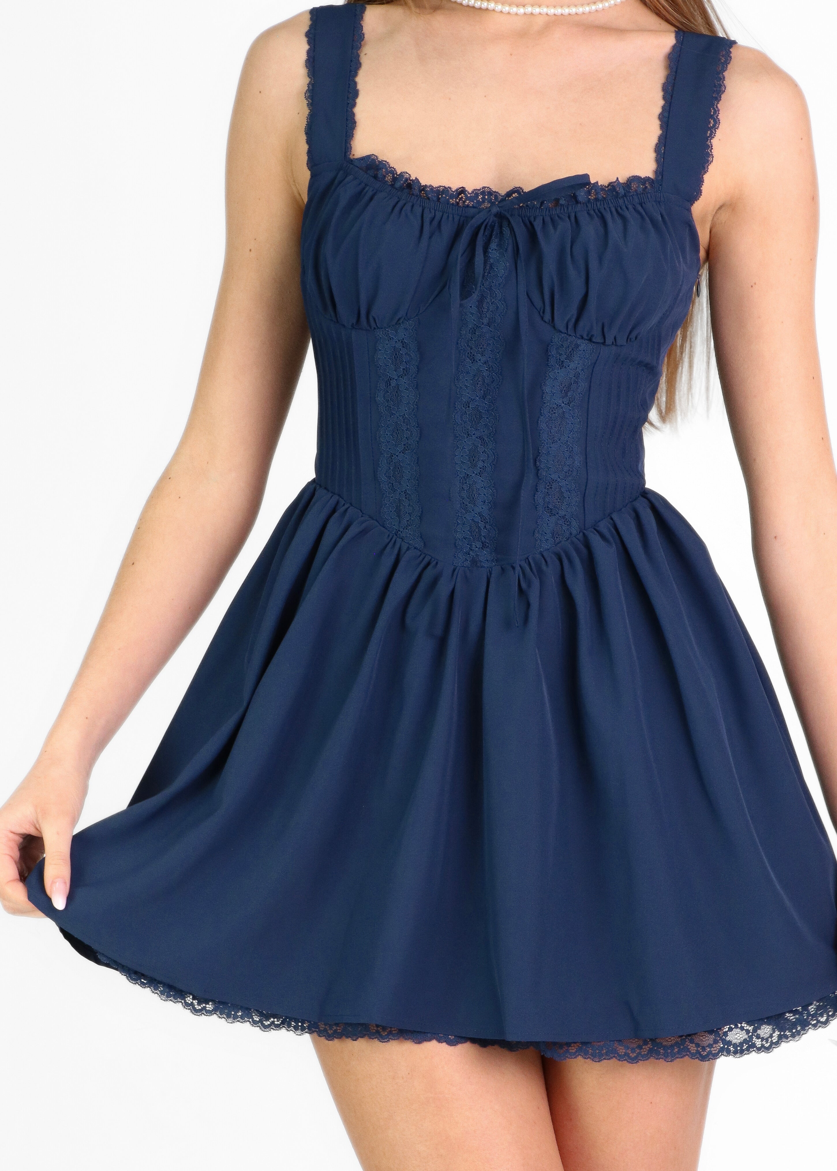 KORE - vestito mini blu con gonna ampia e scollo stile corpetto