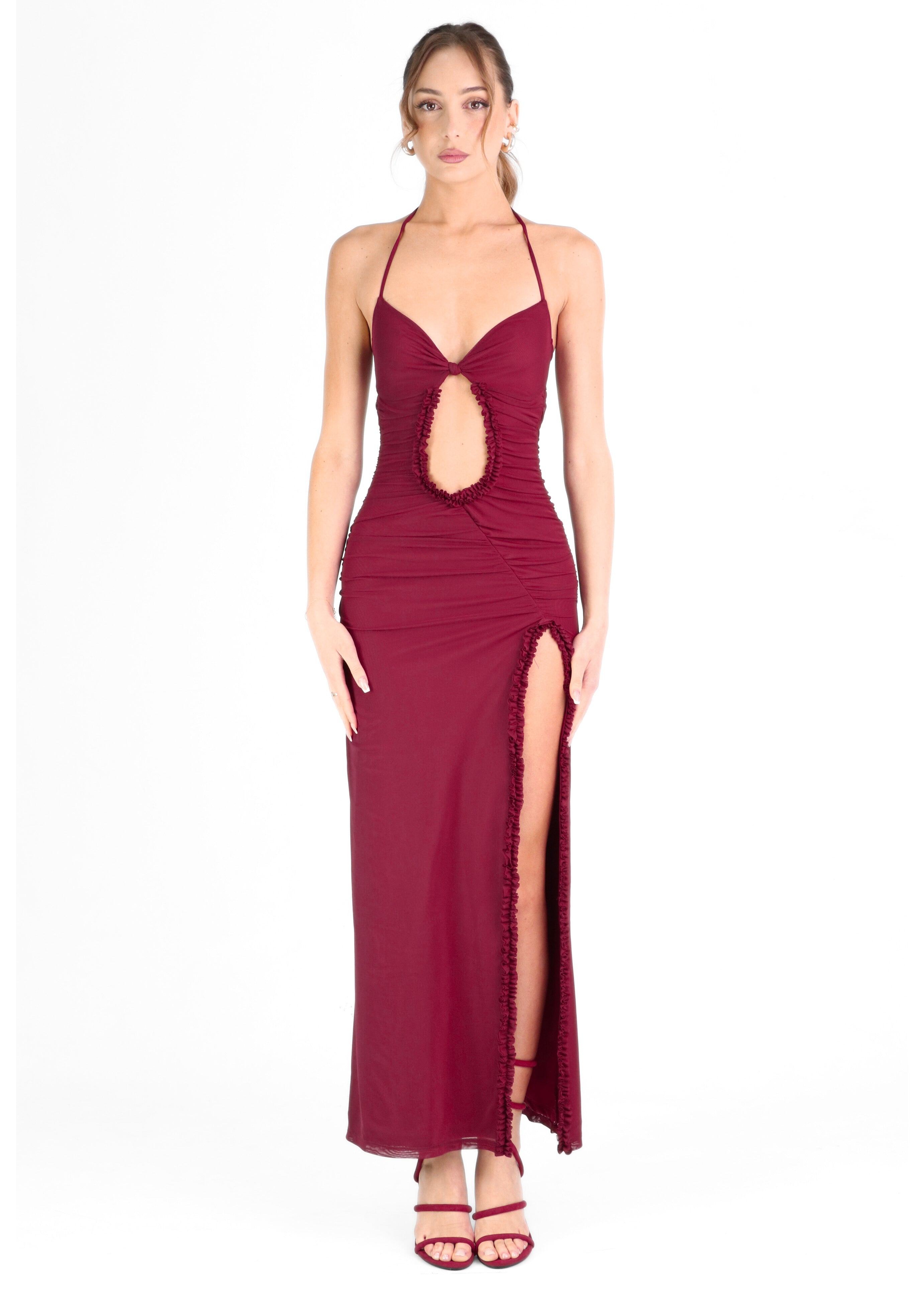 MISHY - vestito bordeaux lungo con scollo profondo e rouches