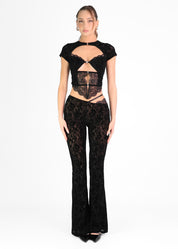 TESSA - co-ord set in nero con corpetto e pantaloni flare con trama in rilievo