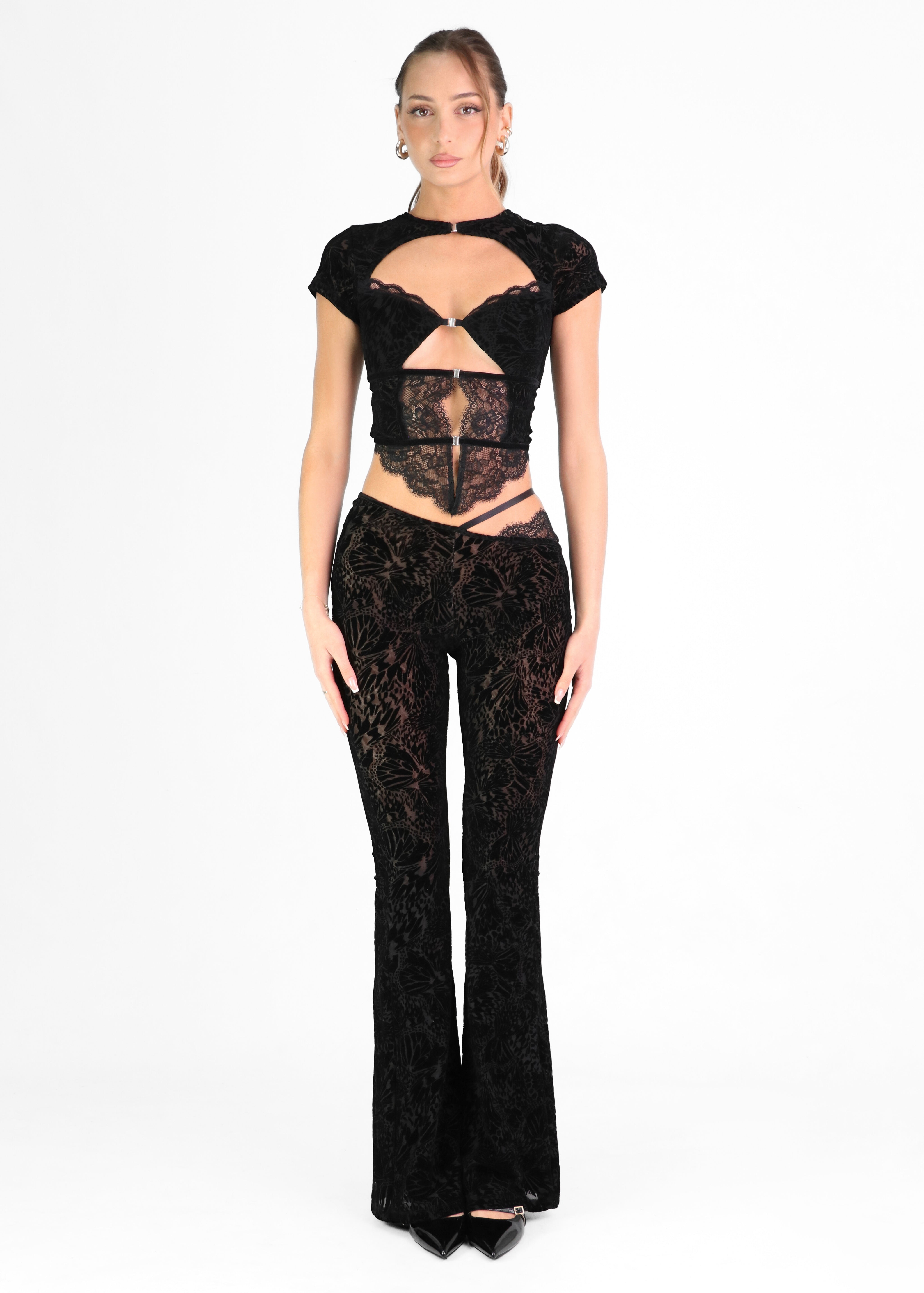 TESSA - co-ord set in nero con corpetto e pantaloni flare con trama in rilievo