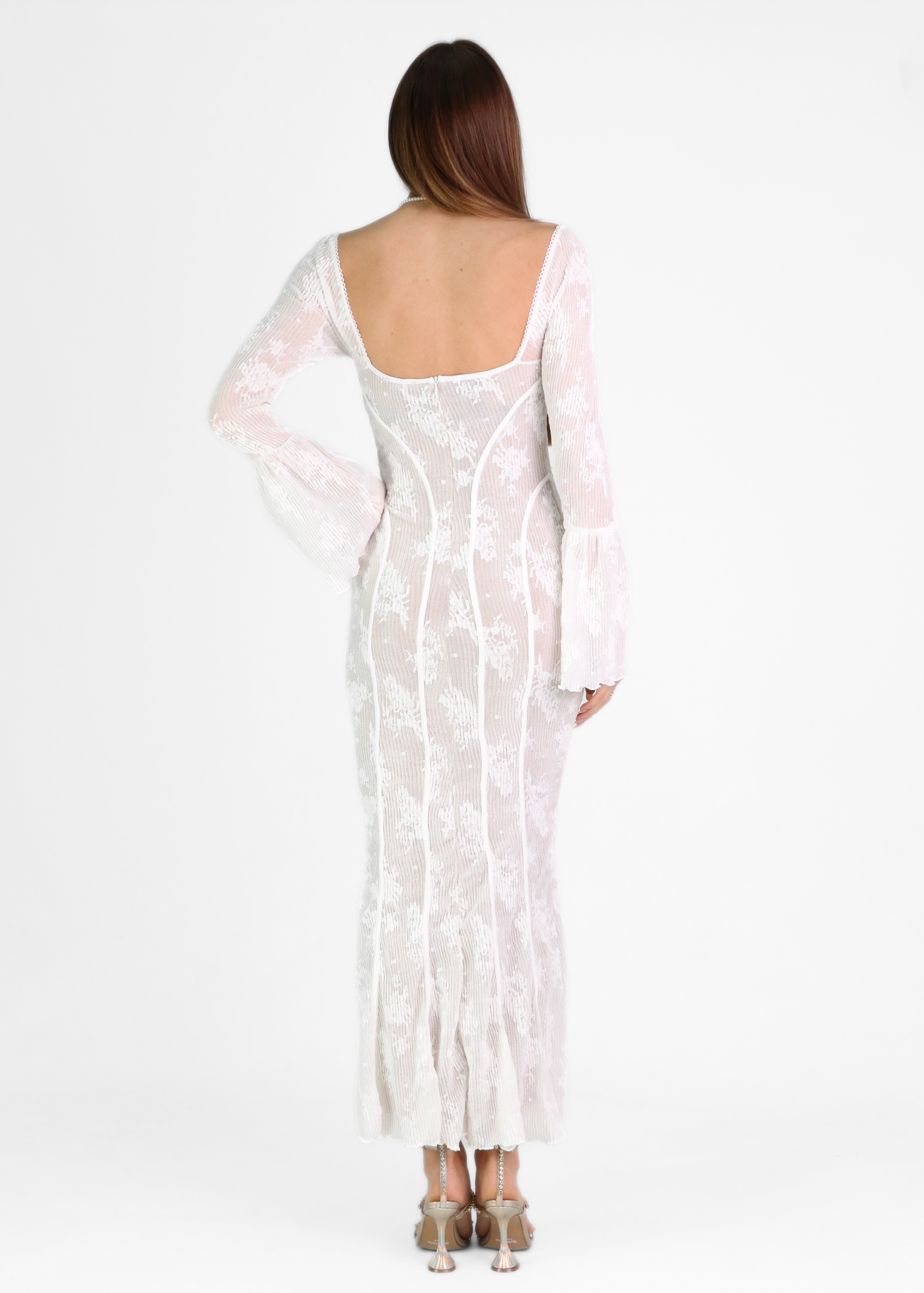 SOMINA - vestito lungo in pizzo bianco con scollo effetto corpetto