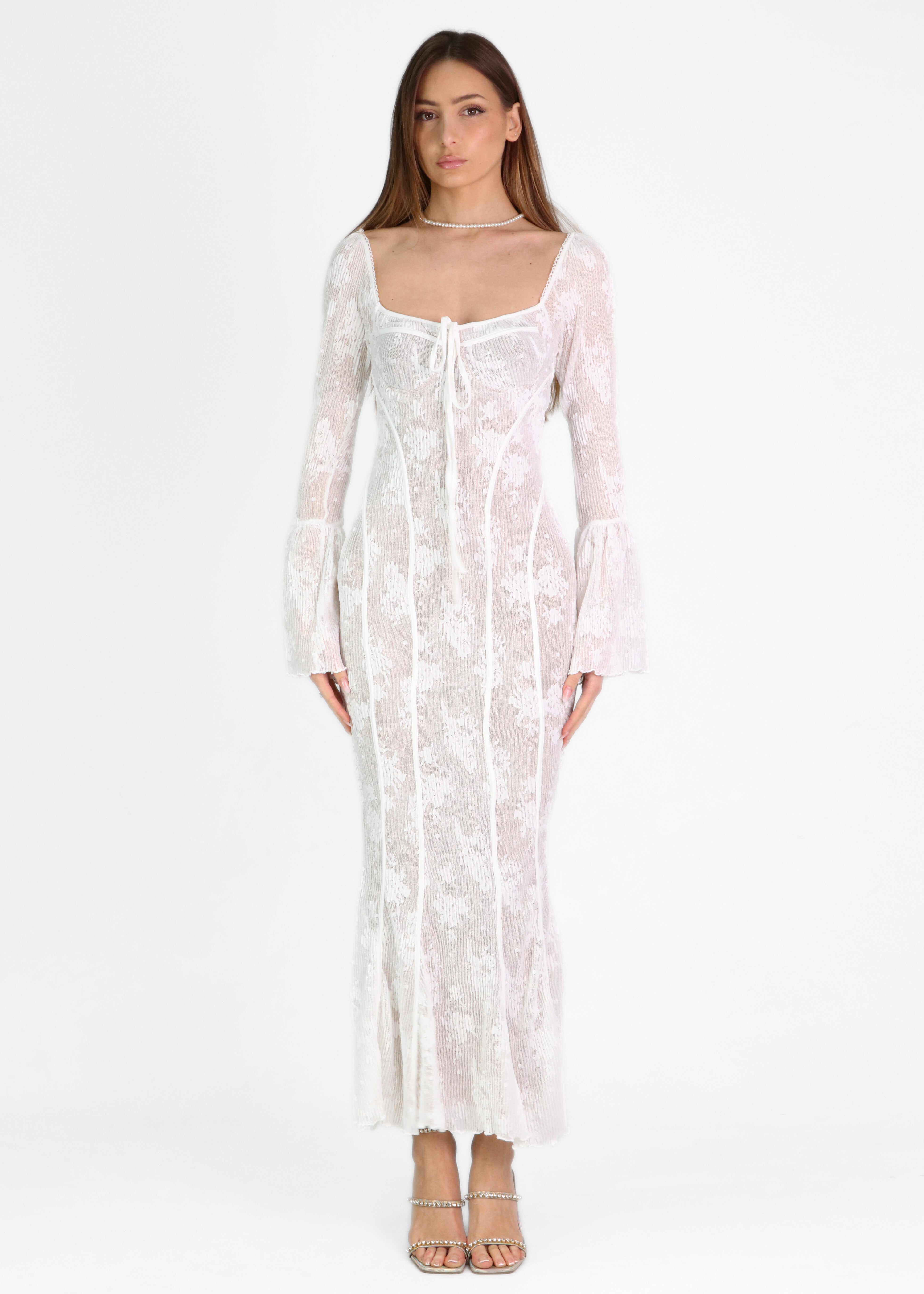 SOMINA - vestito lungo in pizzo bianco con scollo effetto corpetto