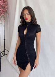 AKAME - vestito corto in pizzo nero stile qipao