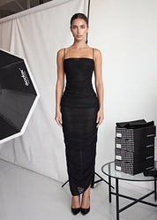 ALIDA - vestito lungo in tessuto drappeggiato mesh nero