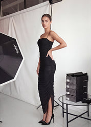 ALIDA - vestito lungo in tessuto drappeggiato mesh nero