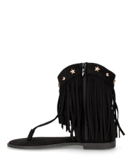 ALLEGRA - sandalo Boho-Chic, infradito in camoscio nero con frange e borchie a stella