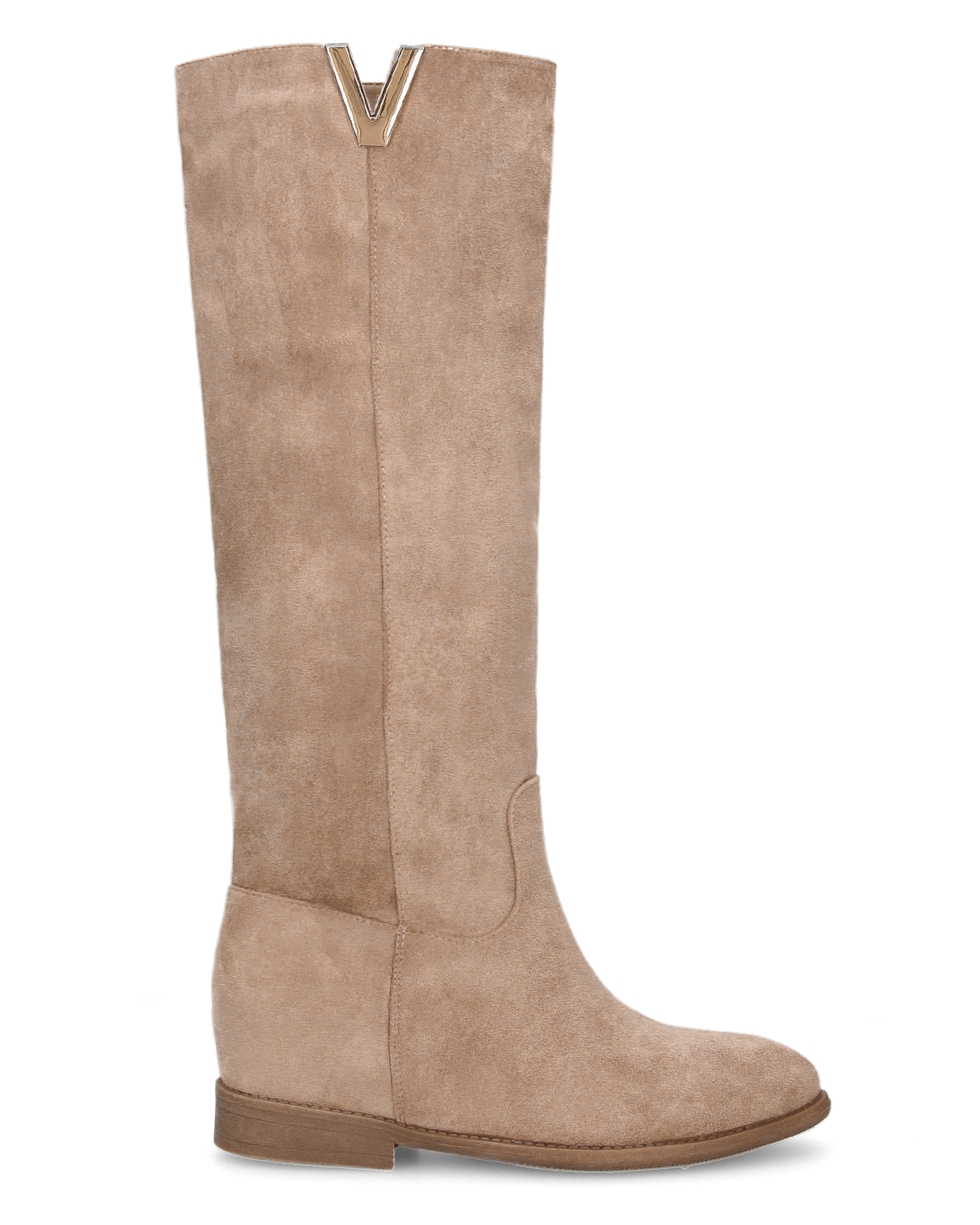 ANTEA - stivali alti in camoscio beige con zeppa interna e profilo in oro