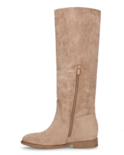 ANTEA - stivali alti in camoscio beige con zeppa interna e profilo in oro