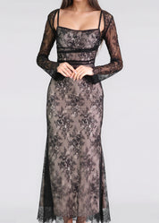 AUREA - vestito lungo nero in pizzo con coprispalle