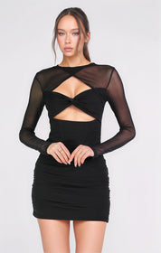 ADRIENNE - vestito mini in nero effetto mesh con incrocio e cut out sul davanti
