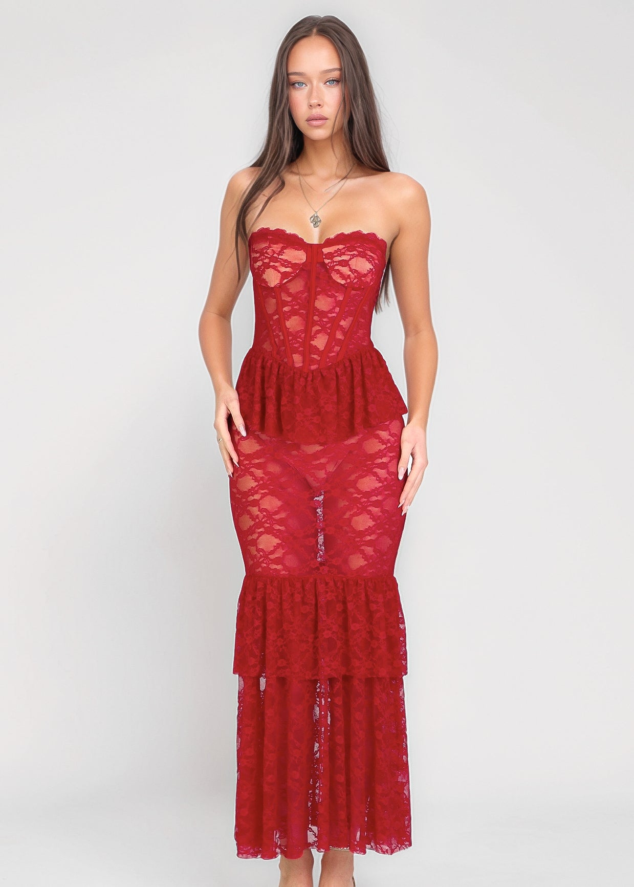ALETTA - Abito vestito rosso in pizzo
