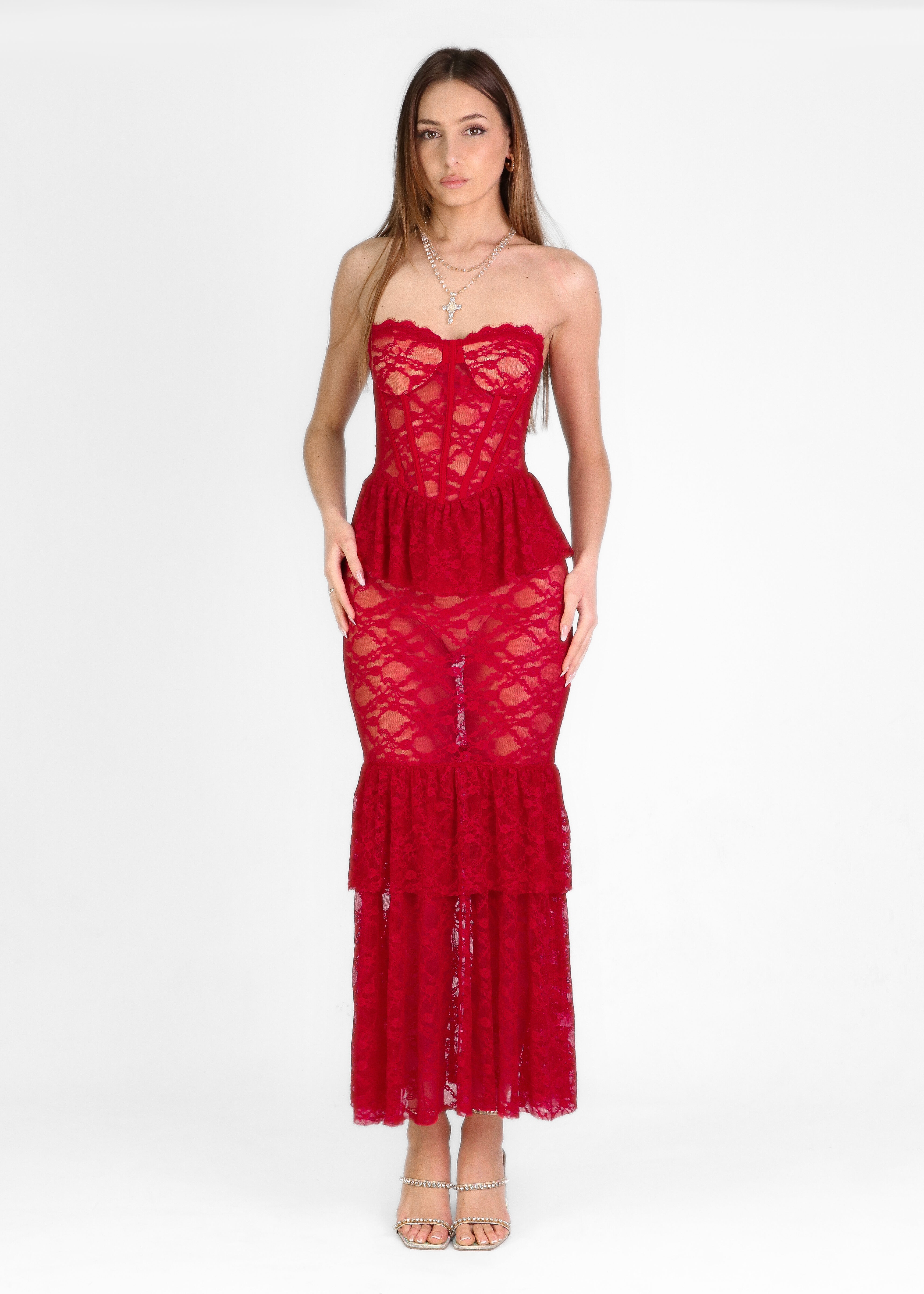 ALETTA - Abito vestito rosso in pizzo