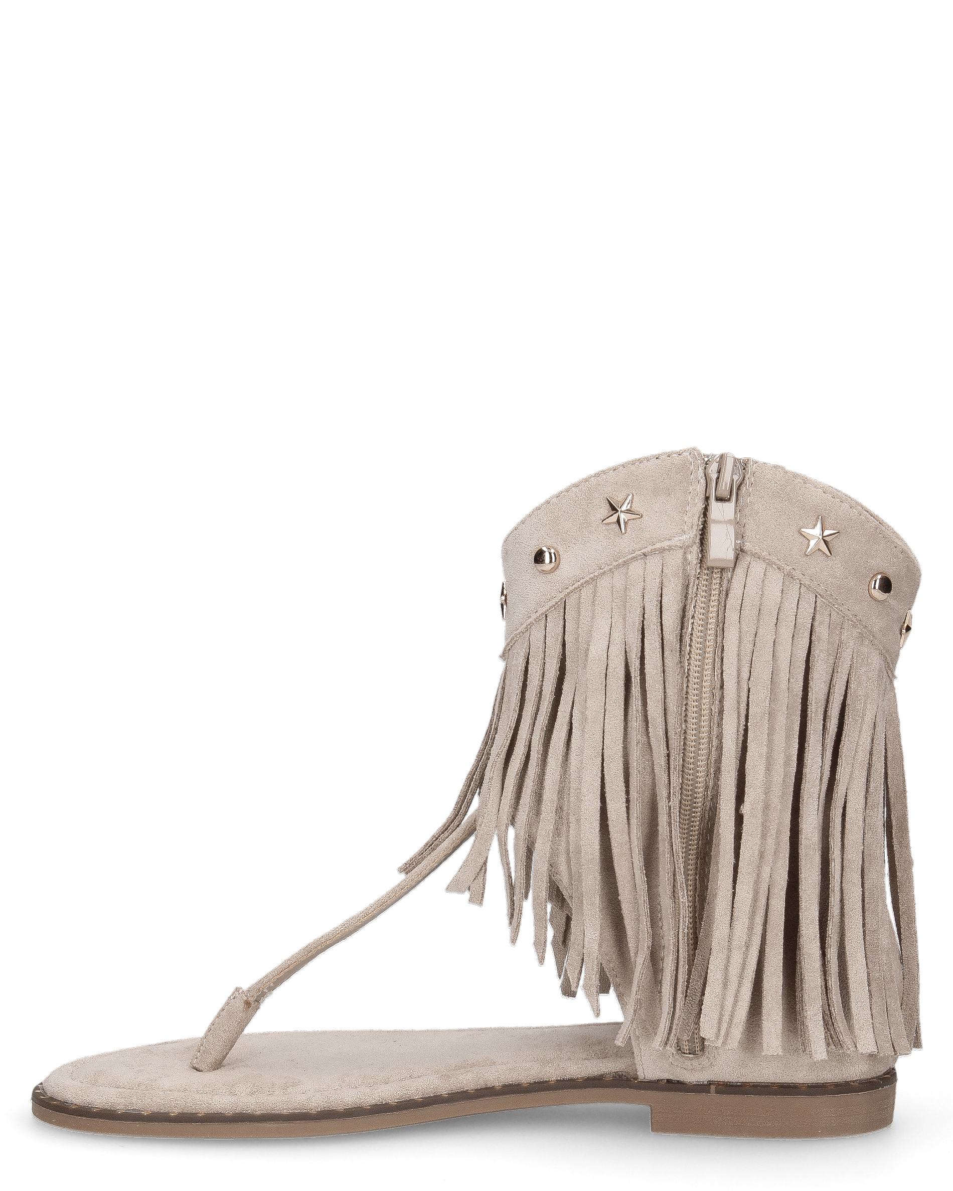 ALLEGRA - sandalo Boho-Chic, infradito in camoscio beige con frange e borchie a stella