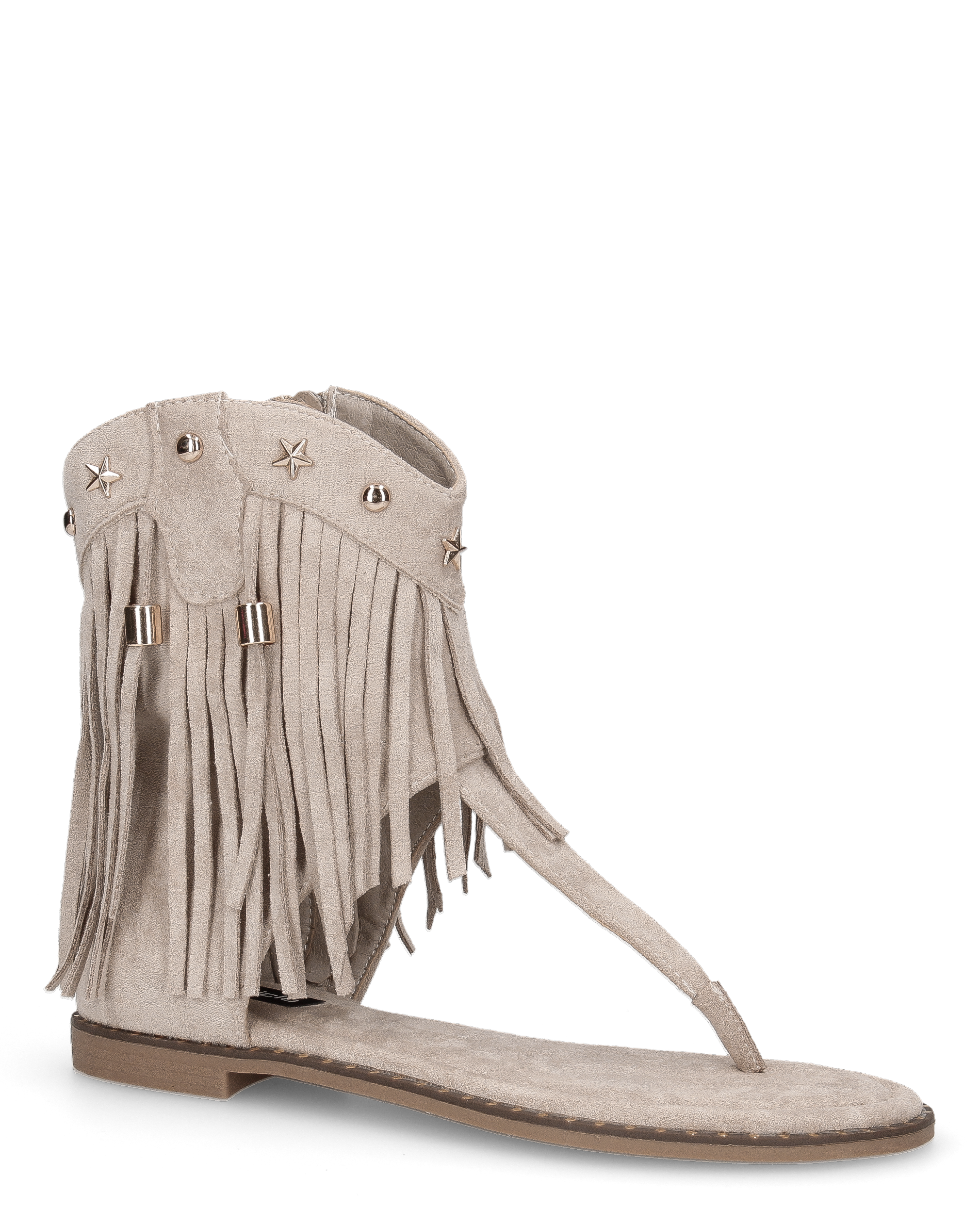 ALLEGRA - sandalo Boho-Chic, infradito in camoscio beige con frange e borchie a stella