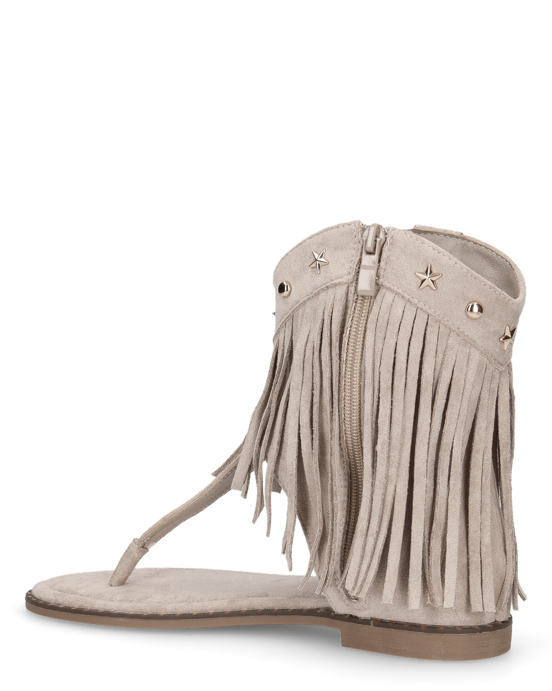 ALLEGRA - sandalo Boho-Chic, infradito in camoscio beige con frange e borchie a stella