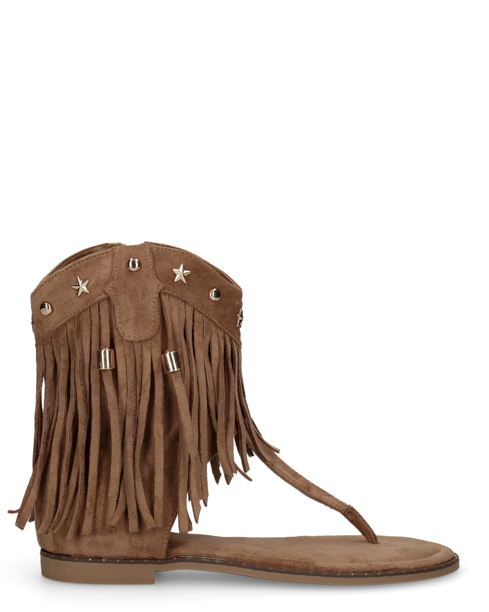 ALLEGRA - sandalo Boho-Chic, infradito in camoscio marrone con frange e borchie a stella