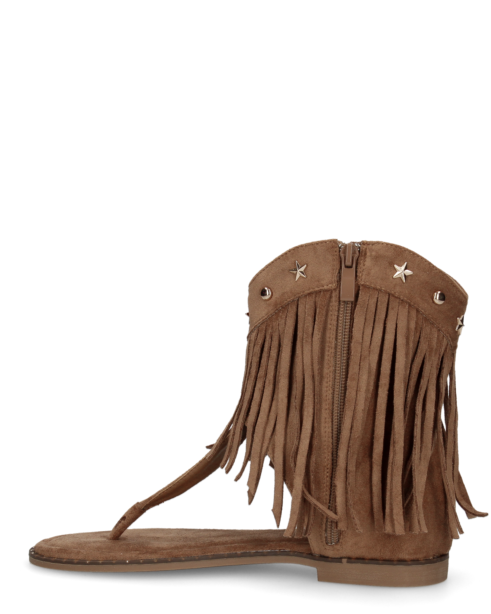 ALLEGRA - sandalo Boho-Chic, infradito in camoscio marrone con frange e borchie a stella