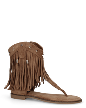 ALLEGRA - sandalo Boho-Chic, infradito in camoscio marrone con frange e borchie a stella