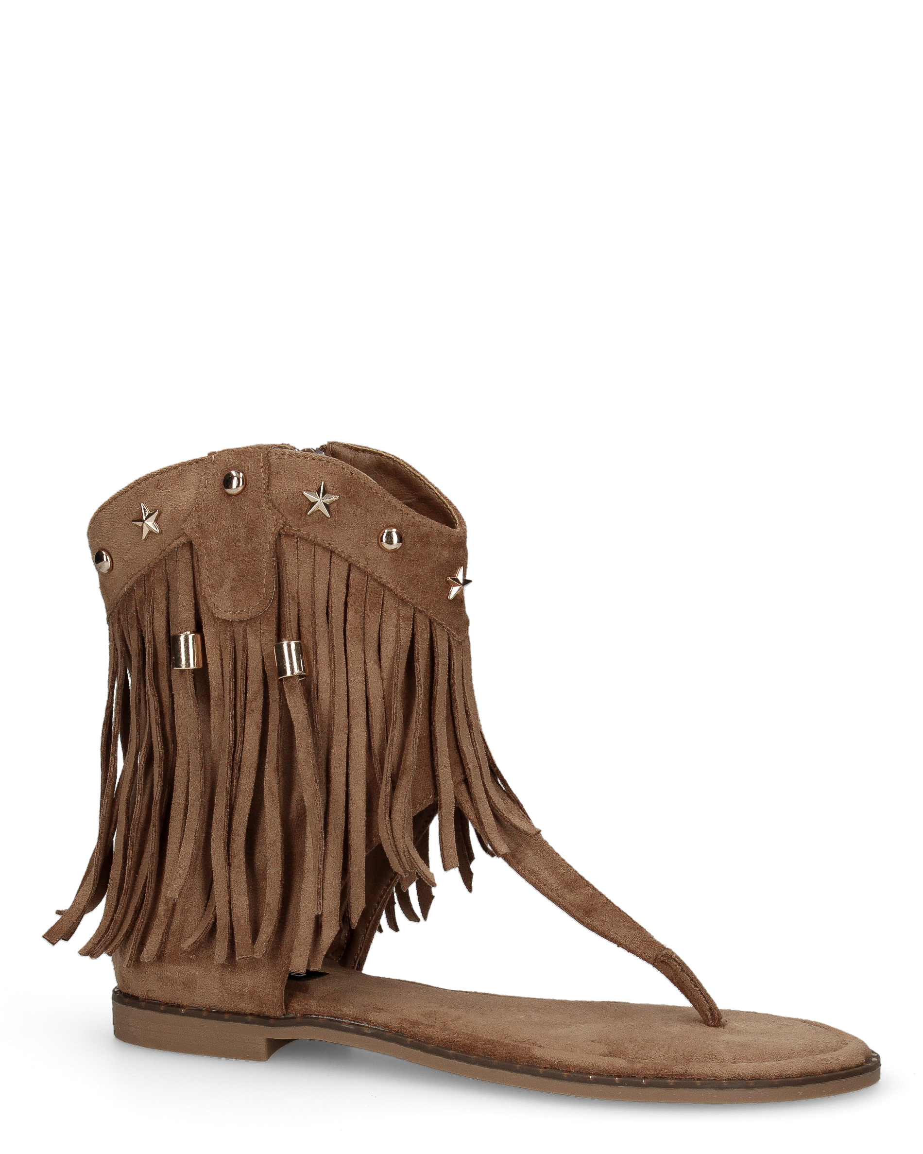 ALLEGRA - sandalo Boho-Chic, infradito in camoscio marrone con frange e borchie a stella