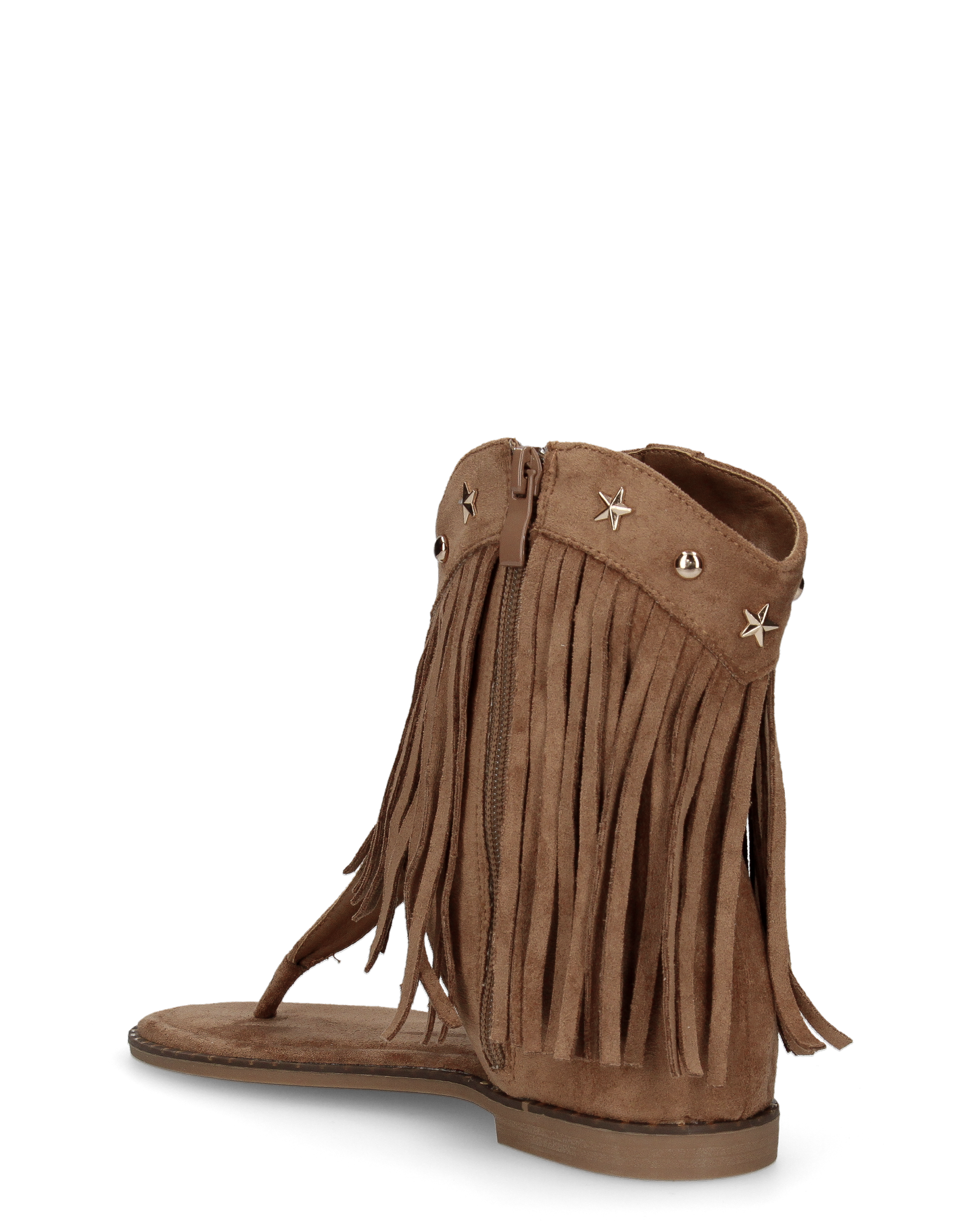 ALLEGRA - sandalo Boho-Chic, infradito in camoscio marrone con frange e borchie a stella