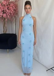 ALYN - vestito lungo effetto mesh con applicazioni floreali in azzurro