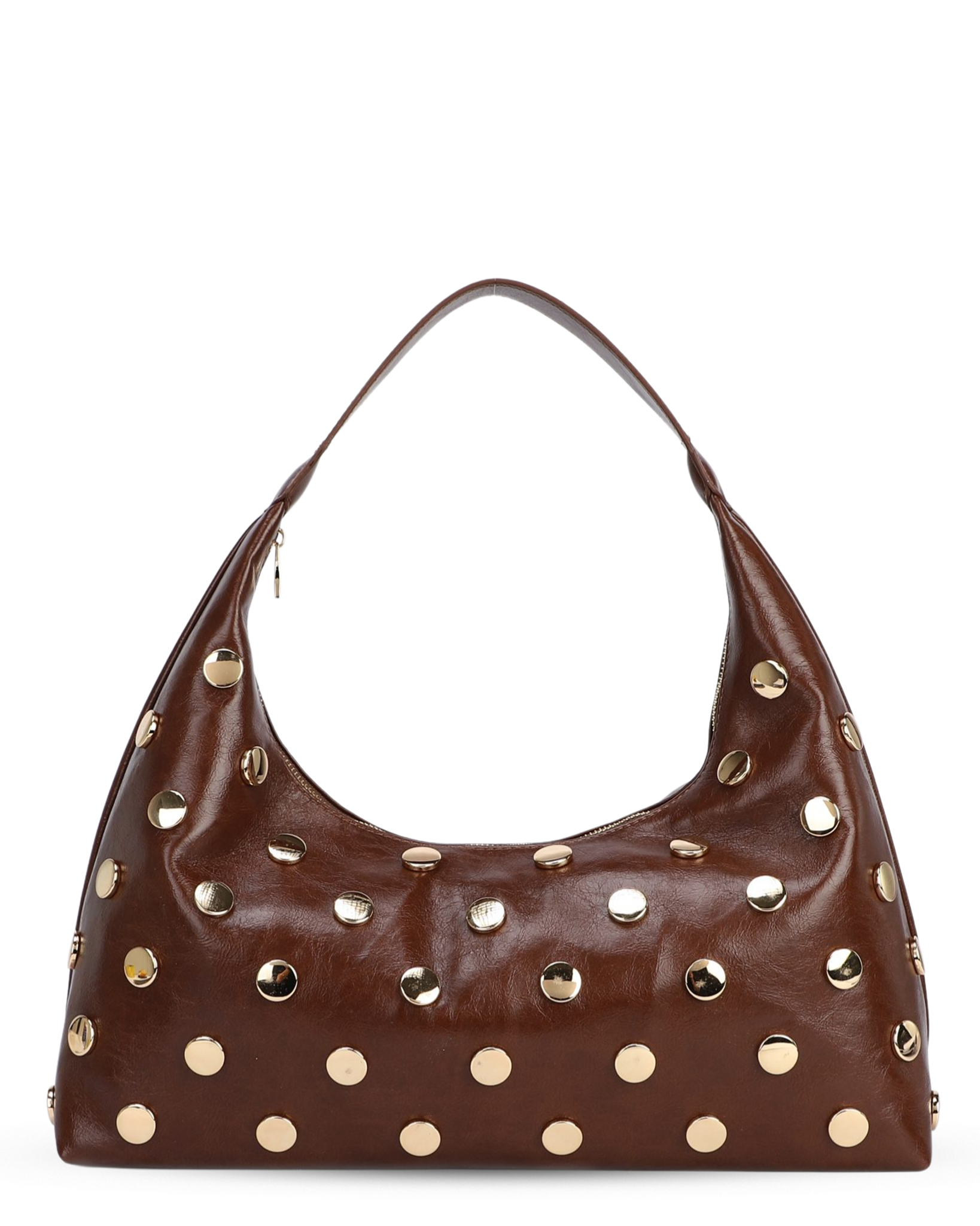 HANA - Borsa a mezzaluna marrone a spalla con maxi borchie dorate