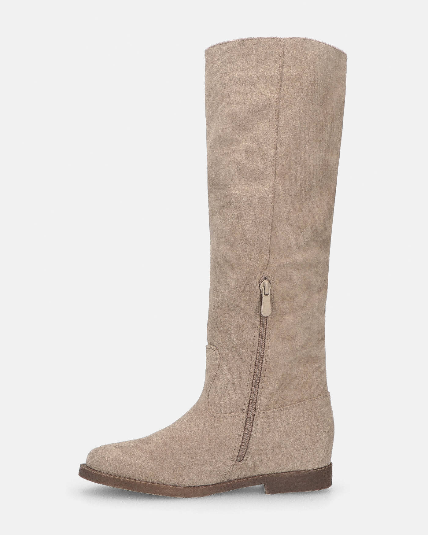 ANTEA - stivali alti in camoscio beige con zeppa interna e profilo in oro