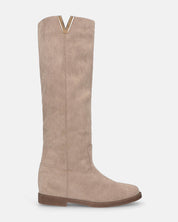 ANTEA - stivali alti in camoscio beige con zeppa interna e profilo in oro