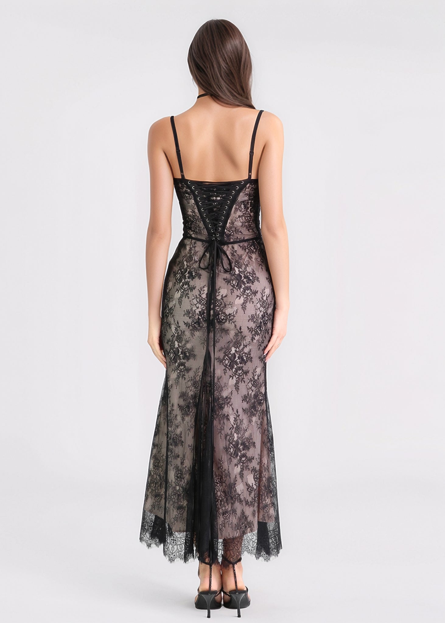 AUREA - vestito lungo nero in pizzo con coprispalle