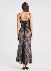 AUREA - vestito lungo nero in pizzo con coprispalle