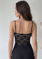 BAILIE - body stile corpetto in pizzo nero con ricami in rilievo rilievo