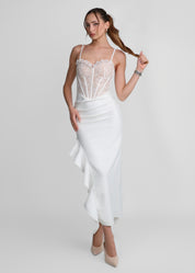 CAPRI - vestito bianco con spacco con ruches e corpetto