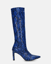 CAROLINE - stivale alto con tacco in blu pitonato