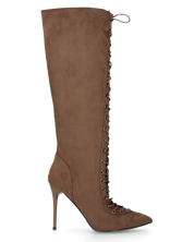 DESSA - stivale alto beige scamosciato stringato con tacco a spillo e zip interna