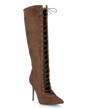 DESSA - stivale alto beige scamosciato stringato con tacco a spillo e zip interna