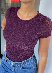 DONNA -body maniche corte in pizzo disegni in rilievo viola scuro