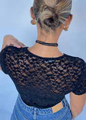 DONNA -body maniche corte in pizzo disegni in rilievo nero