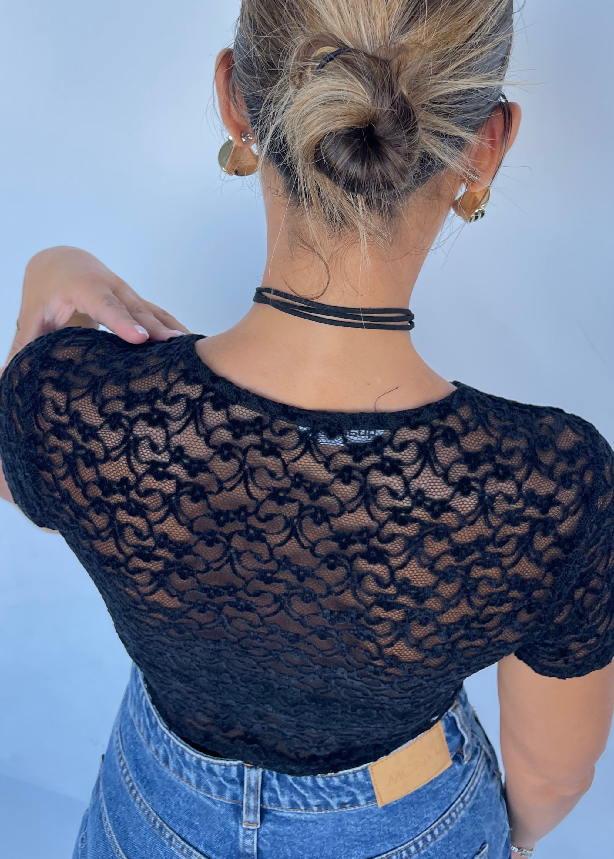 DONNA -body maniche corte in pizzo disegni in rilievo nero
