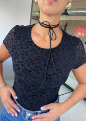 DONNA -body maniche corte in pizzo disegni in rilievo nero