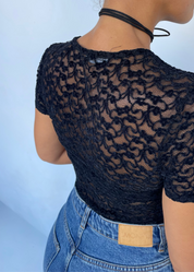 DONNA -body maniche corte in pizzo disegni in rilievo nero