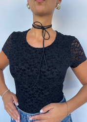 DONNA -body maniche corte in pizzo disegni in rilievo nero