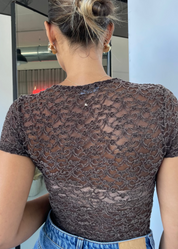 DONNA -body maniche corte in pizzo disegni in rilievo marrone