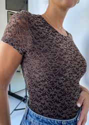 DONNA -body maniche corte in pizzo disegni in rilievo marrone