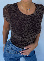 DONNA -body maniche corte in pizzo disegni in rilievo marrone