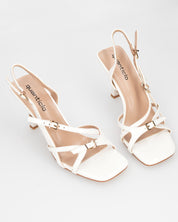 HILDE - Sandalo tacco bianco con listini e fibbie dorate