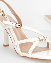 HILDE - Sandalo tacco bianco con listini e fibbie dorate
