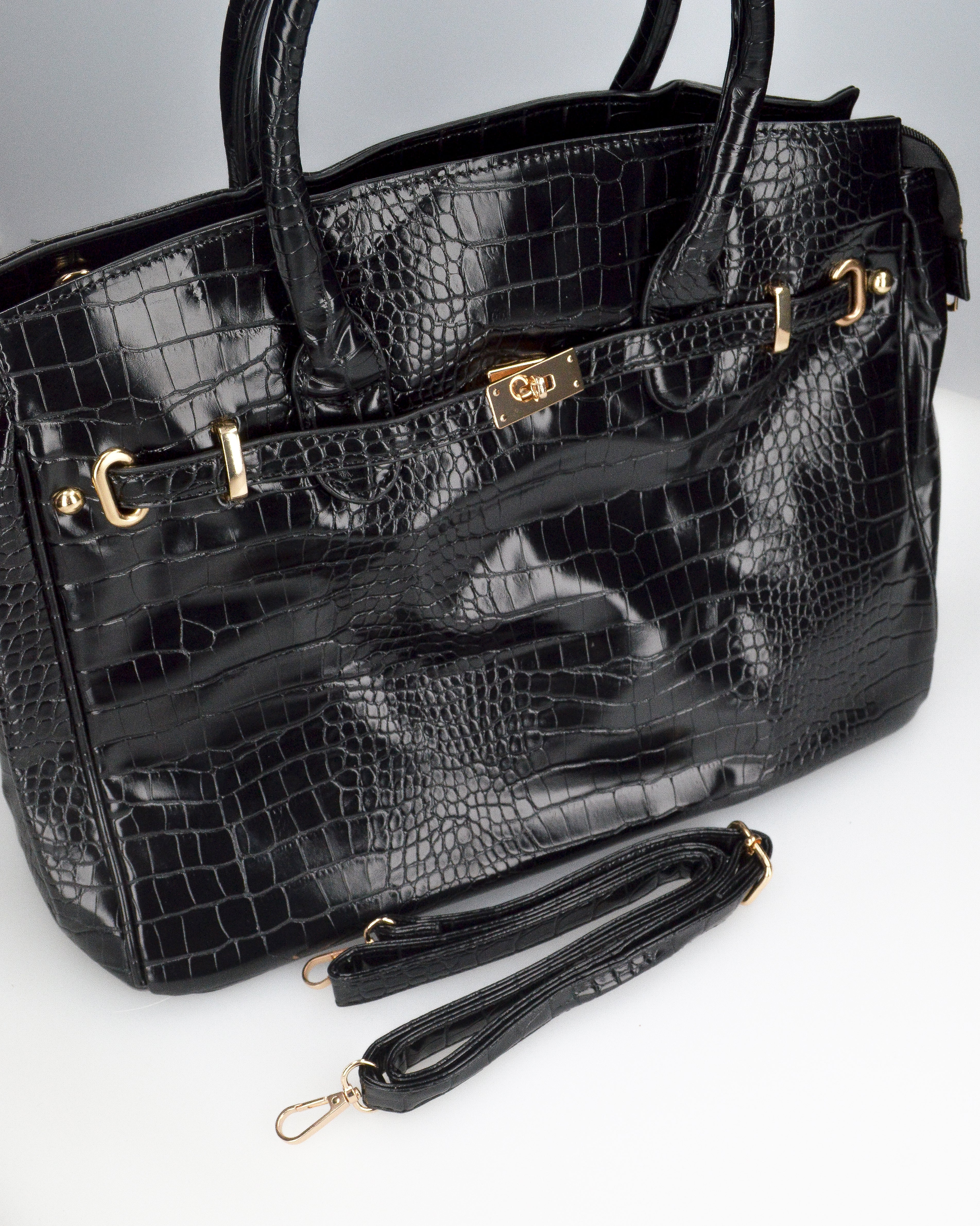 MARY - borsa grande nera con trama coccodrillo e tracolla aggiuntiva